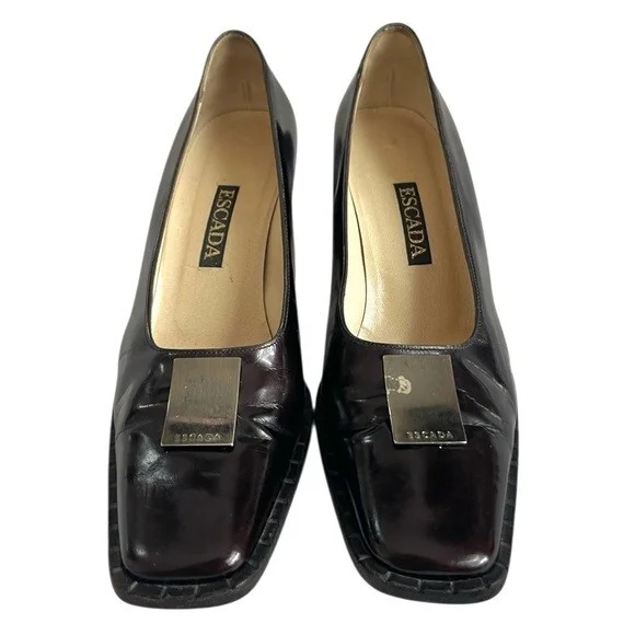 Vintage Escada Black/Brown Leather Pumps Metal Logo Stiletto Size 7B - Picture 5 of 14